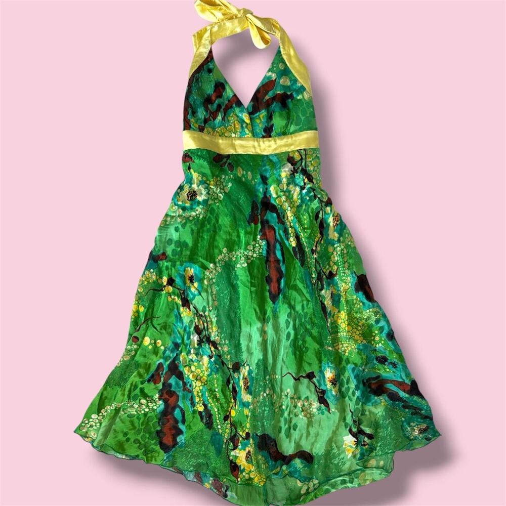 Euro Y2K green silk satin halter dress with floral design and gold sequins